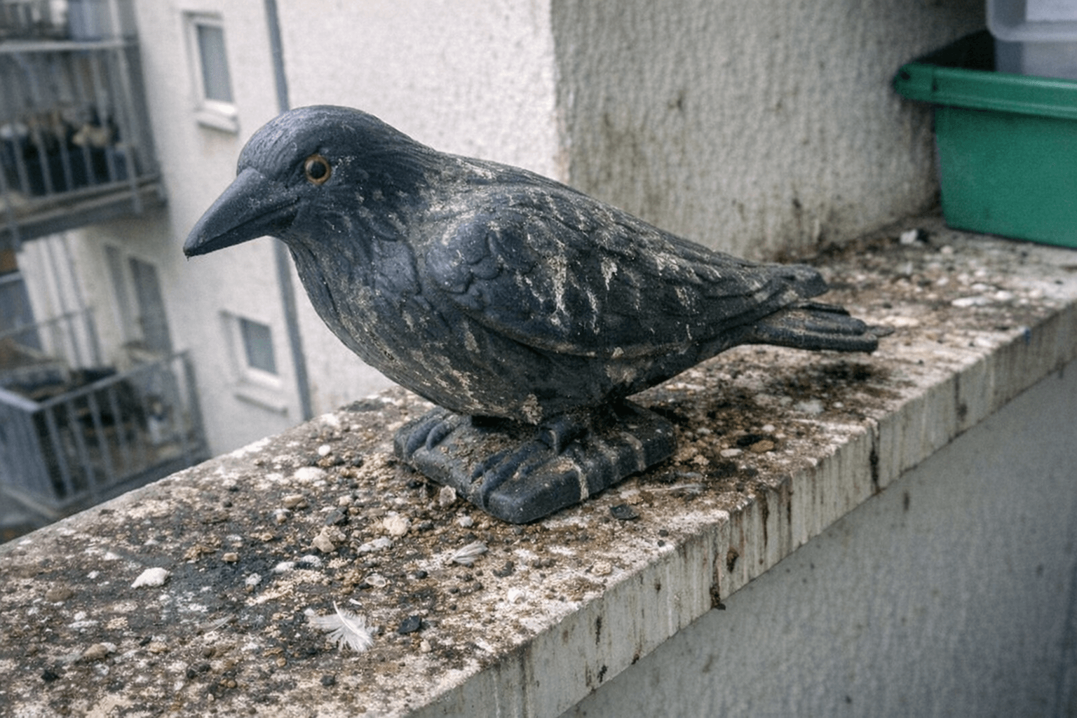 Nahaufnahme einer improvisierten Vogelscheuche aus Folienstreifen, daneben frischer Kot auf einer Fensterbank