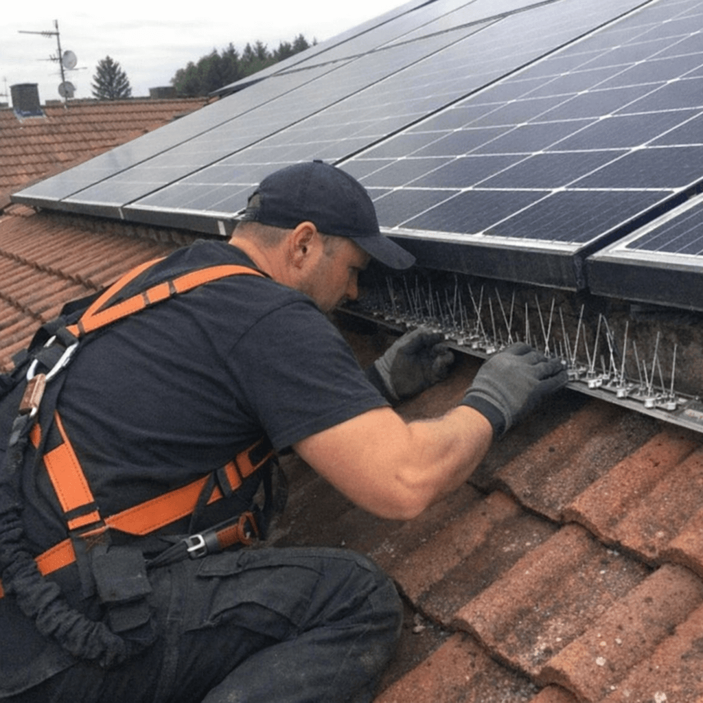 Monteur arbeitet mit Sicherungsgurt am Dachrand neben einer Solaranlage und montiert Schutzgitter