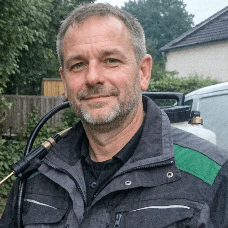 Techniker in Arbeitskleidung vor einem Mehrfamilienhaus, Hintergrund ein Hubsteiger