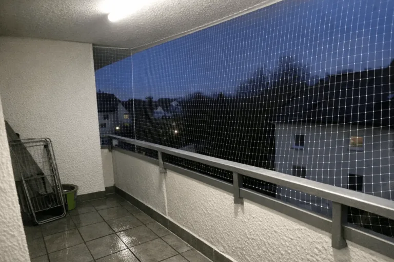 Dezentes Netz vor heller Fassadenansicht, aus Distanz kaum sichtbar