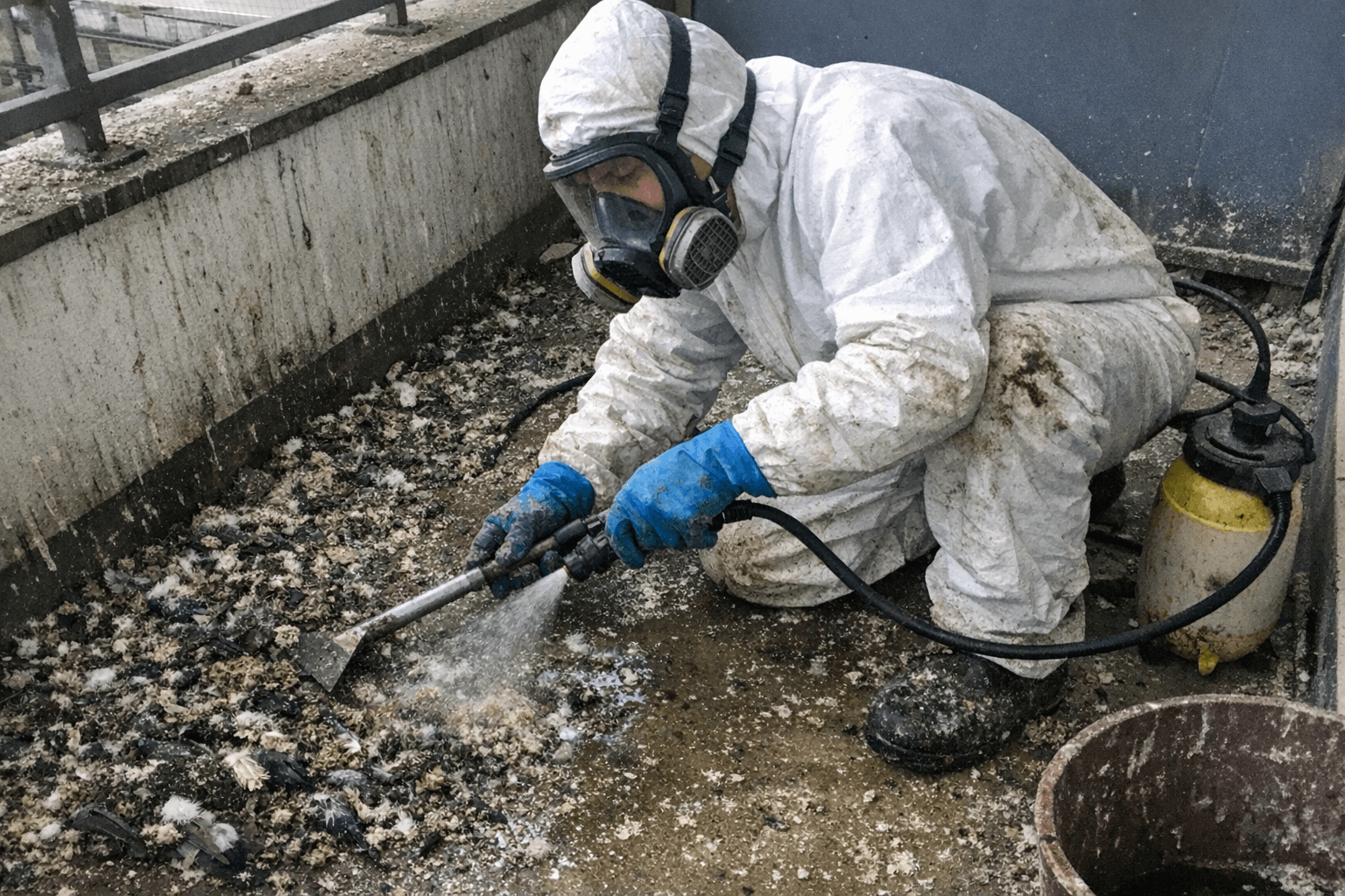 Reinigungsteam mit Schutzanzug entfernt Kot an einer Steinbrüstung und sammelt Rückstände in einem Behälter