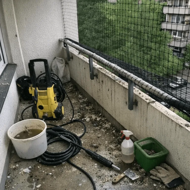 Monteur befestigt ein transparentes Netz an einer Balkonbrüstung, daneben liegt gereinigtes Werkzeug