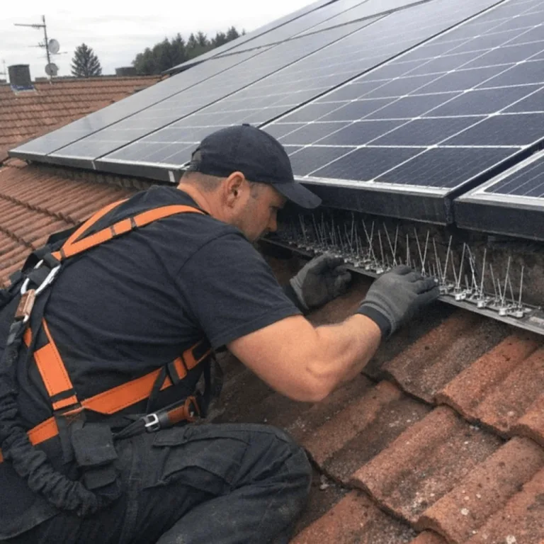 Techniker arbeitet vom Hubsteiger aus an einem Dachrand und setzt ein Gitter unter Solarmodule