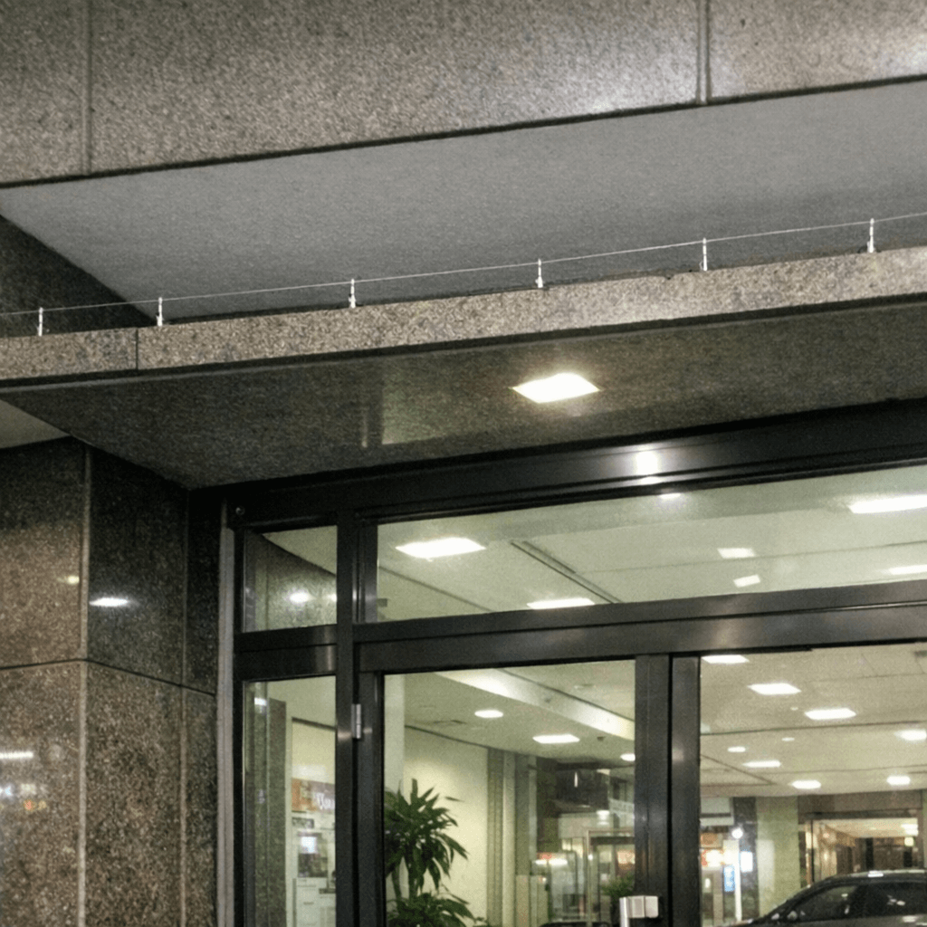 Eingang eines Geschäfts: über dem Vordach ist ein unauffälliges Drahtsystem montiert, Passanten gehen darunter hindurch