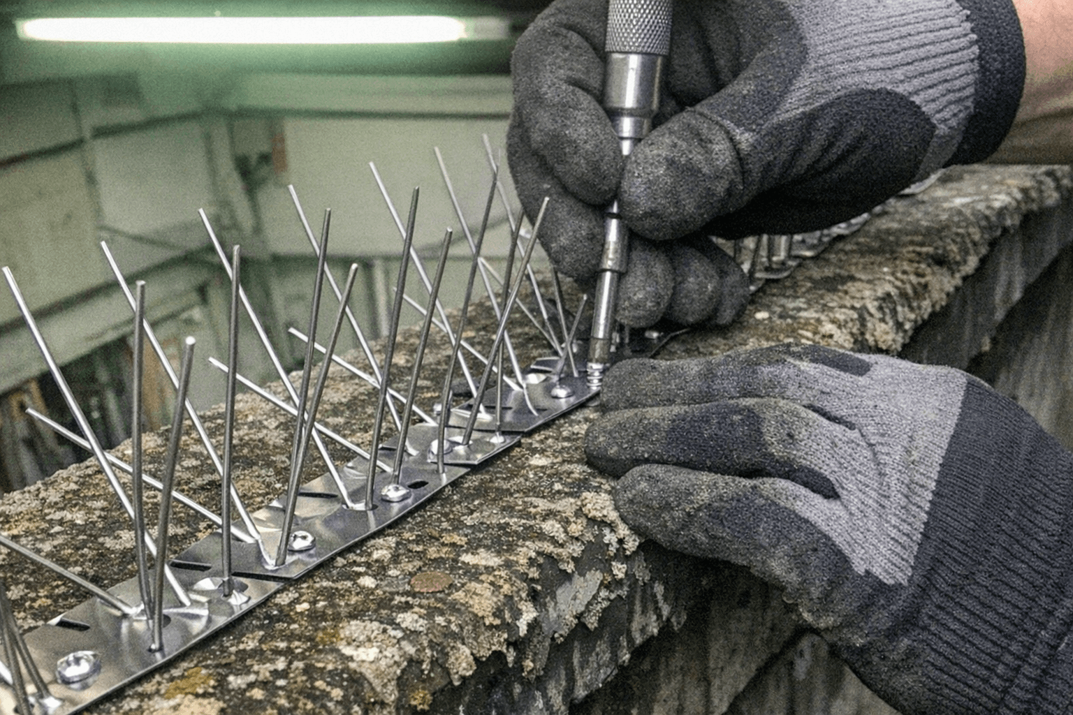 Handschuhe, Kartusche und Edelstahlspikes liegen auf einem Werkstattwagen, im Hintergrund eine Hausfassade