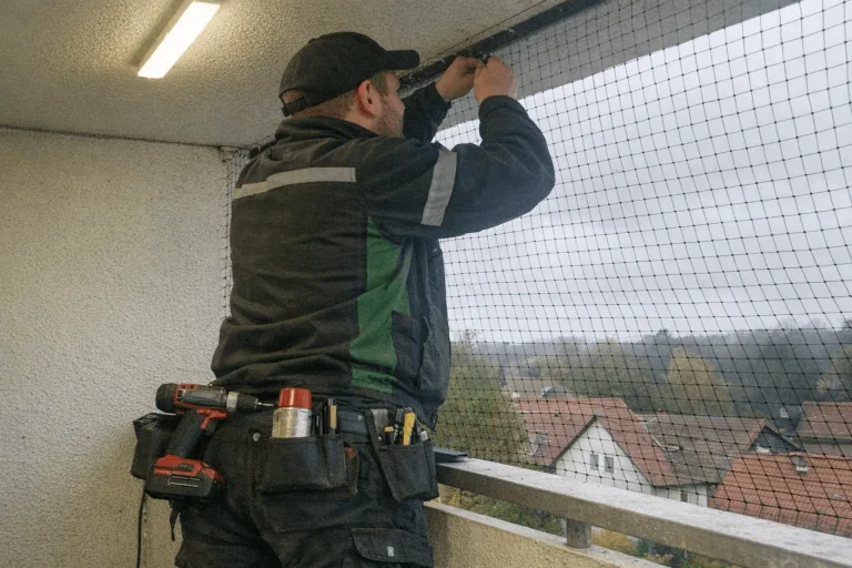 Monteur montiert ein engmaschiges Schutznetz unter einem Vordach mit Blick auf ein Treppenhaus