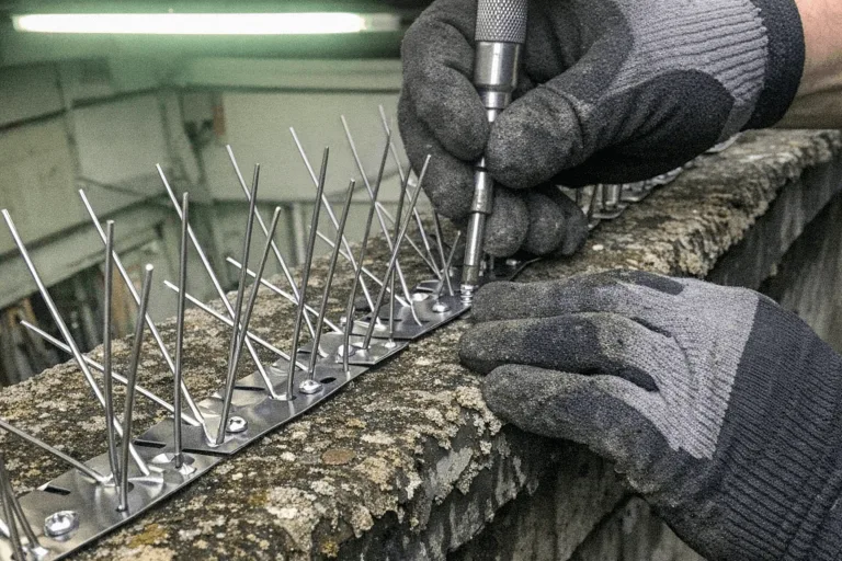 Monteur schraubt eine Edelstahlleiste mit Spikes auf eine Fensterbank, Werkzeug und Schrauben liegen geordnet daneben